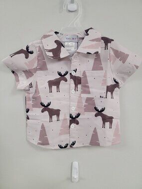 Baby Boy Button-Up Shirt With Moose Print & Trees Design 3 available twins tripl